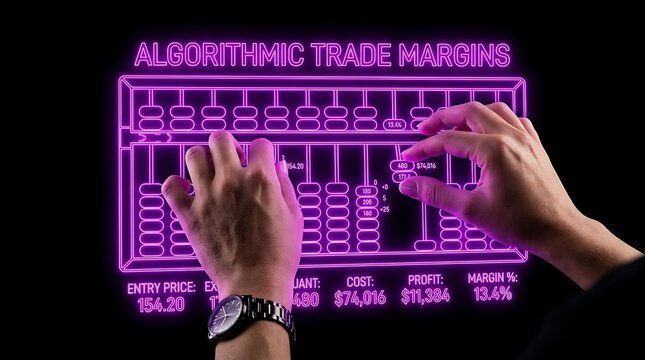 Conceptual image of algorithmic trade margins visualized with neon abacus interface.