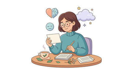 Fototapeta premium Woman writing notes with tea and mental health symbols