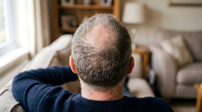 Rear view of a man sitting on a couch
