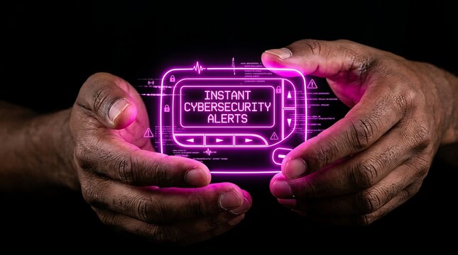 Hands holding glowing neon holographic pager for instant cybersecurity alerts.
