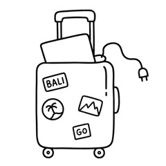 A minimalist illustration of a rolling suitcase with a laptop and power cord sticking out, designed for a remote work theme. Isolated on a transparent background © Dmytriy
