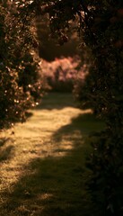 Fototapeta premium Golden light bathes an apple orchard tranquil scene of ripe fruit and long shadows across a peaceful meadow