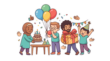 Fototapeta premium Diverse group celebrating a first birthday with cake and gifts
