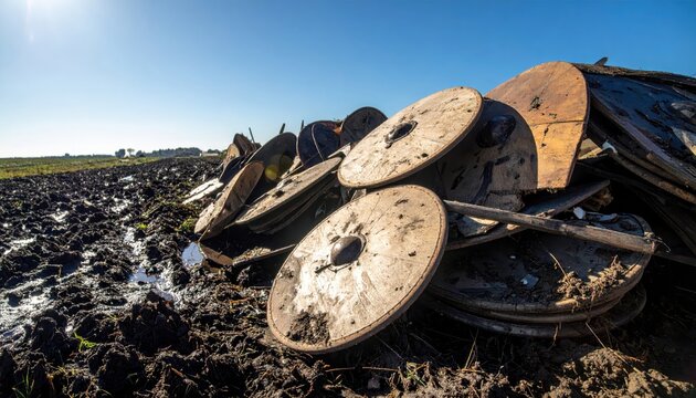 Discarded Metal Discs and Farm Equipment in Muddy Field Under Clear Blue Sky