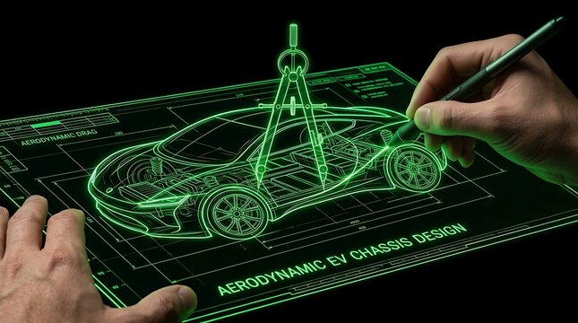 Engineer sketching an aerodynamic electric vehicle chassis design on a digital holographic display.