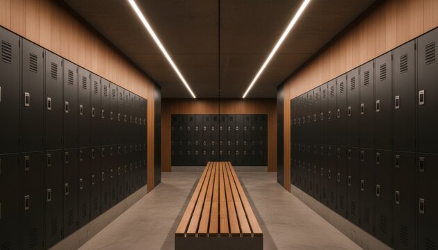 Minimalist locker room with sleek black metal lockers and a long wooden bench under linear ceiling lights for fitness and wellness lifestyle