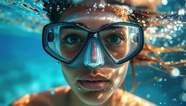 Focused female swimmer underwater in a tropical pool, showing summer adventure, diving sport, travel freedom, and ocean wellness