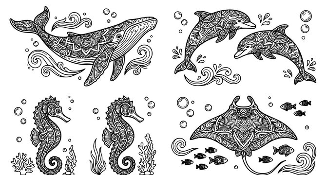 Set of four intricate hand drawn marine animals featuring whale dolphin seahorses and stingray in a decorative mandala style design