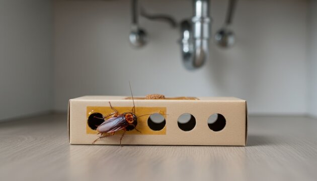 Large brown cockroach investigates cardboard bait trap placed under kitchen sink near silver plumbing pipes on wooden floor