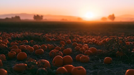 Fototapeta premium Golden pumpkins glow warmly across a serene autumn field bathed in sunset’s idyllic light