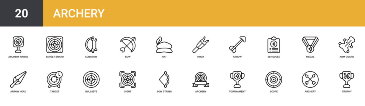 Set of 20 outline web Archery icons such as trophy, archery, scope, tournament, archery, bow string, sight vector icons for report, presentation, diagram, web design, mobile app