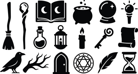 Halloween witchcraft and magic silhouette vector icon collection for fantasy and occult design projects © Lalchan