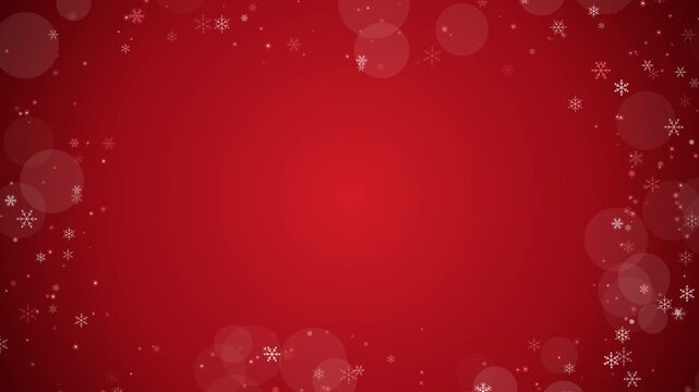 Christmas Red Background with Falling Snowflakes and Bokeh Lights. Seamless loop animation of festive particles and winter crystals for holiday greeting cards and design projects.
