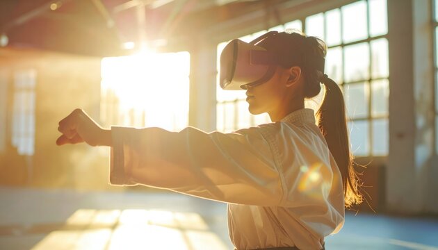 Girl in martial arts uniform practicing moves using virtual reality headset in sunlit dojo