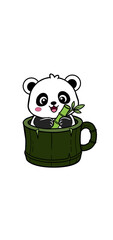 Cute kawaii baby panda sitting inside a bamboo wooden mug holding green bamboo shoot vector illustration isolated © miqdar