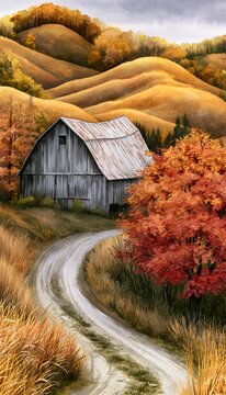 Autumn&rsquo;s tranquil embrace a weathered barn nestled within golden rolling hills landscape art