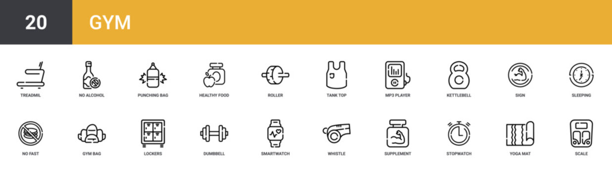 Set of 20 outline web Gym icons such as scale, yoga mat, stopwatch, supplement, whistle, smartwatch, dumbbell vector icons for report, presentation, diagram, web design, mobile app