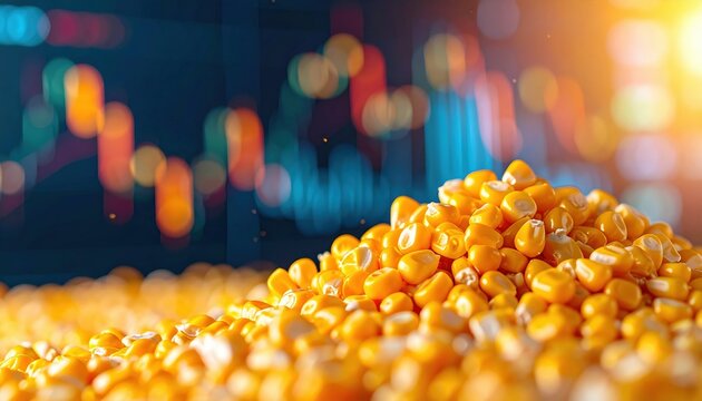 Corn kernels in focus with blurred stock market graph background symbolizing global agriculture trade and commodity investment