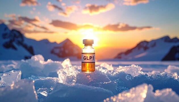 GLP1 vial glowing on ice with mountain sunrise, symbolizing medical innovation, diabetes research, weight management, and the future of pharmaceutical science