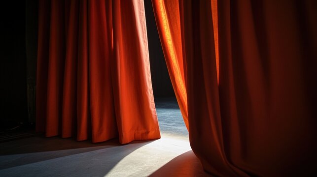 apart. Heavy red theater curtains open to an empty stage with a single spotlight and dramatic shadows. event programs, museum guides, designed for cultural heritage projects and event programs.