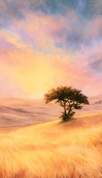 Solitary ancient tree graces golden wheat field under sunset serene landscape stock photo aesthetic