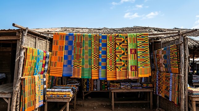 Colorful traditional kente fabrics displayed at an outdoor market stall