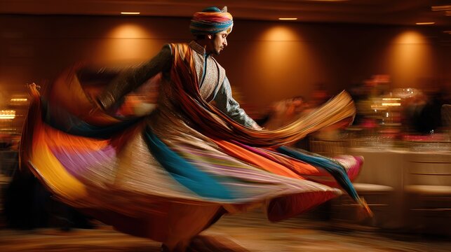 turban. A dancer in colorful turban fabric mid-spin during a festive Indian wedding celebration. event programs, museum guides, designed for cultural heritage projects and event programs.