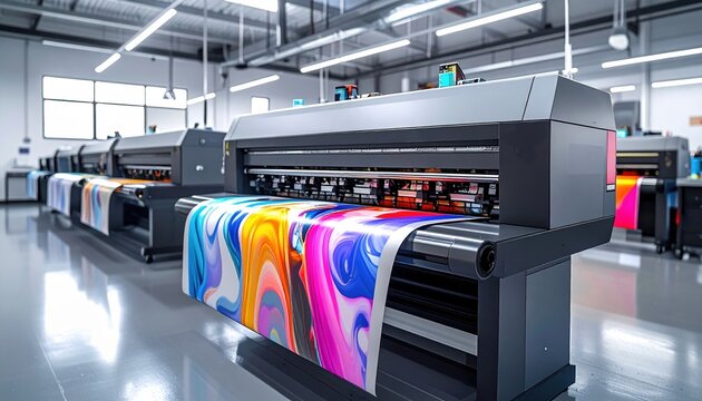 Industrial printing machines producing colorful sheets in modern facility symbolizing technology, creativity and digital production trend in contemporary design industry