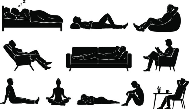 Series of people in various positions, including sleeping, laying down, and sitting. Concept of relaxation and comfort Art & Illustration