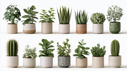 Fototapeta premium Set of Various Potted Houseplants and Succulents in Modern Minimalist Ceramic Pots Isolated on White Background for Interior Home Decoration Design Elements and Botanical Garden Collection