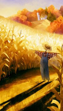 Autumn scarecrow illustration evokes cozy harvest charm amidst golden cornfields and vibrant foliage