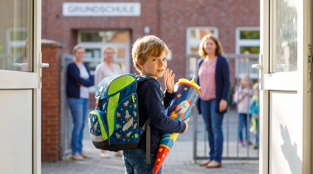 Young child waving goodbye before entering elementary school on the first day with school cone and backpack