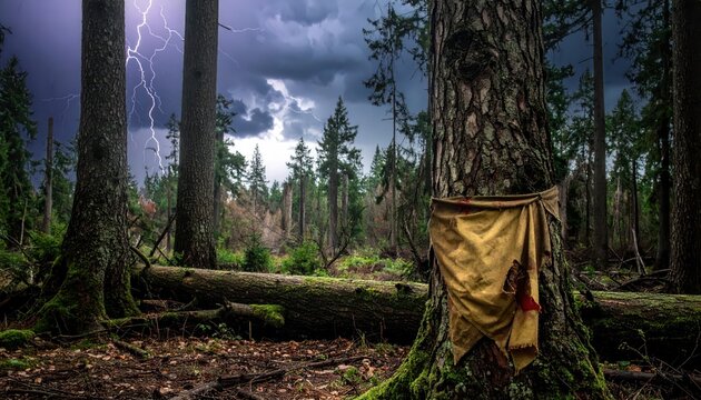 Dramatic forest scene with lightning strike and tattered cloth tied to a tree during a storm