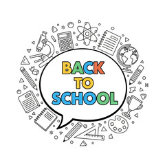 Naklejka premium Back to School Bubble with Study Supplies & Symbols Flat Design