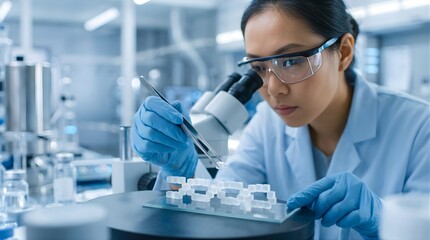 Fototapeta premium Asian female scientist uses tweezers to examine molecular structure in lab