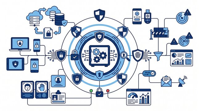 Zero trust cybersecurity digital network protection concept with showcasing various devices security icons connected central depicts digital illustration authentication communication