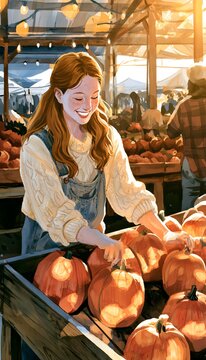 Autumn Harvest Warmth A Young Woman's Smile at a Vibrant Farmers Market Scene