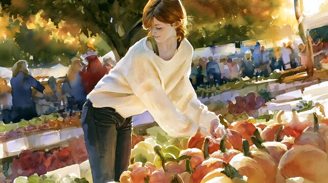 Autumn Harvest Joy A Young Woman Selects Pumpkins at a Vibrant Farmers Market Scene