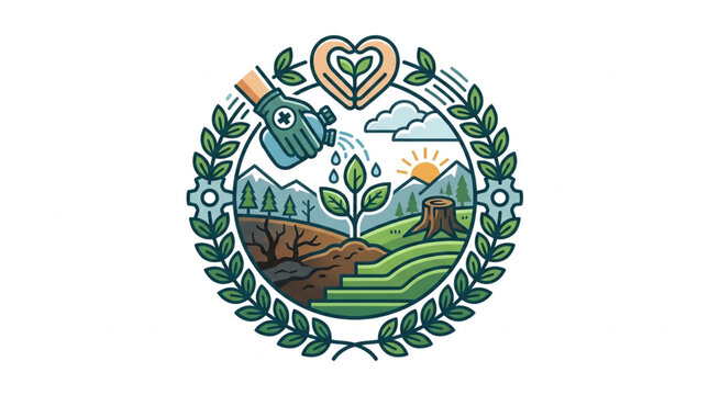 Vintage Organic Farming Emblem with Heart and Nature Elements.