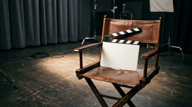 Blank movie clapperboard on a leather directors chair in a film studio