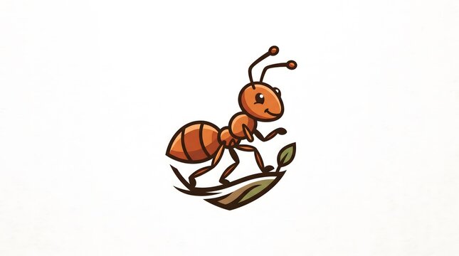 A cute cartoon illustration of a smiling brown ant walking on a small leaf, isolated on a clean white background