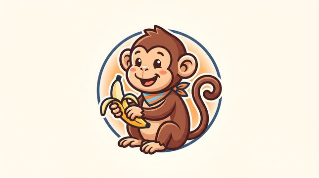 A cute cartoon monkey sitting and holding a peeled banana, designed in a circular badge style vector illustration