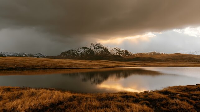 Serene mountain peak reflects in a tranquil lake under a dramatic sky inspiring peaceful landscapes