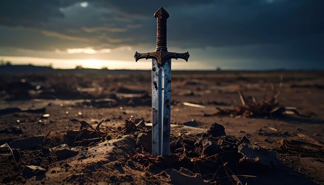 Epic medieval sword plunged into barren earth at sunset with dramatic stormy sky