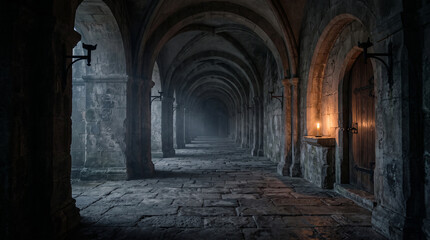 Fototapeta premium Dark Abandoned Medieval Monastery Corridor with Gothic Arches, Wall Torches and Single Candle Light at Wooden Door