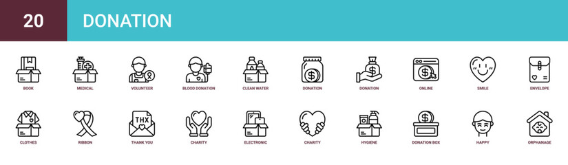 Fototapeta premium Set of 20 outline web Donation icons such as orphanage, happy, donation box, hygiene product, charity, electronic, charity vector icons for report, presentation, diagram, web design, mobile app