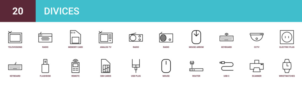 Set of 20 outline web Divices icons such as wristwatches, scanner, usb c, router, mouse controller, usb plug, sim cards vector icons for report, presentation, diagram, web design, mobile app