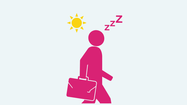 Tired Businessman Silhouette walking with briefcase and sleep symbols under sun ideal for health blogs, corporate wellness articles, and burnout awareness campaigns.