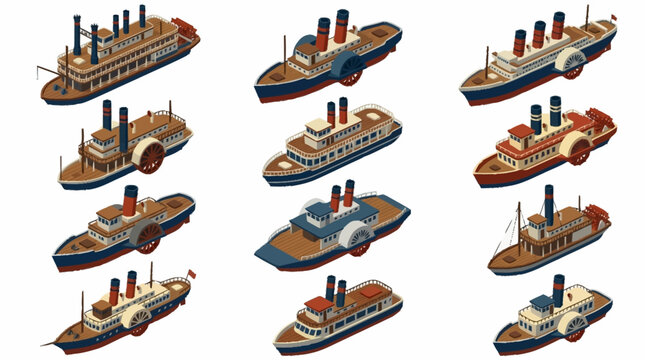 Collection of vintage steamships and modern cruise liners illustration.