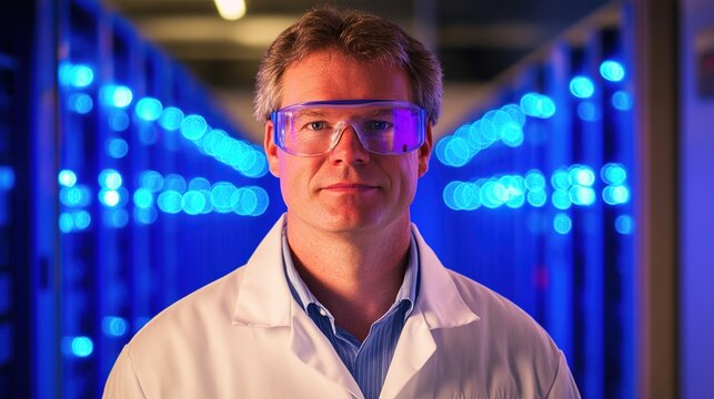 upper. Technical specialist in a data center, wearing safety goggles with blue server lights in the background. product launch decks.